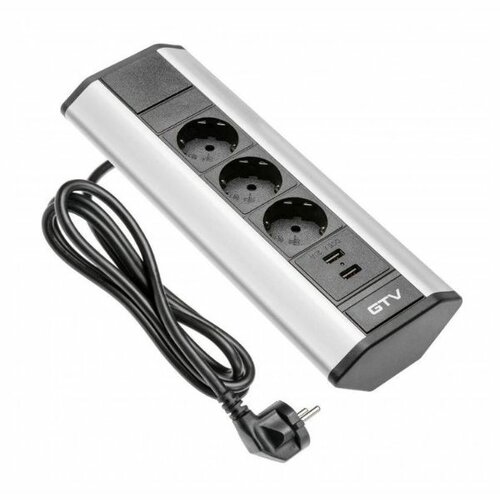 Hoekstopcontact met 3 contactpunten, en 2 USB ingangen, zilver, randaarding (NL)