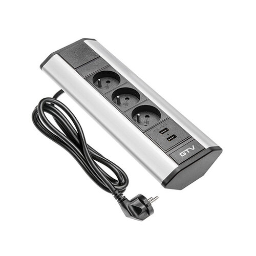 Hoekstopcontact met 3 contactpunten, en 2 USB ingangen, zilver, penaarding (BE/FR)