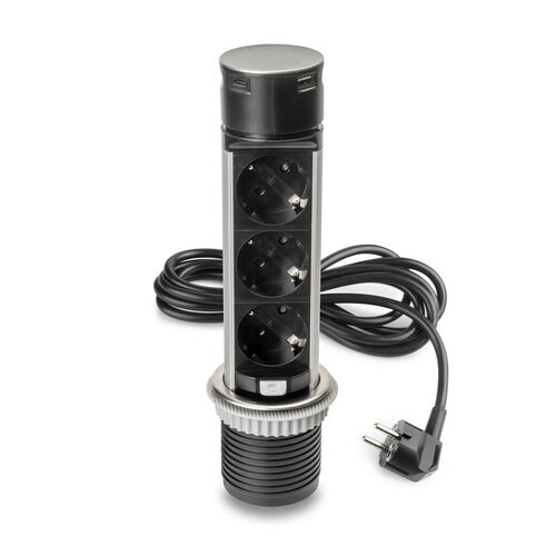 Uittrekbaar stopcontact van Emuca met RVS deksel, 2 stopcontacten, 2 USB, randaarding (NL) 